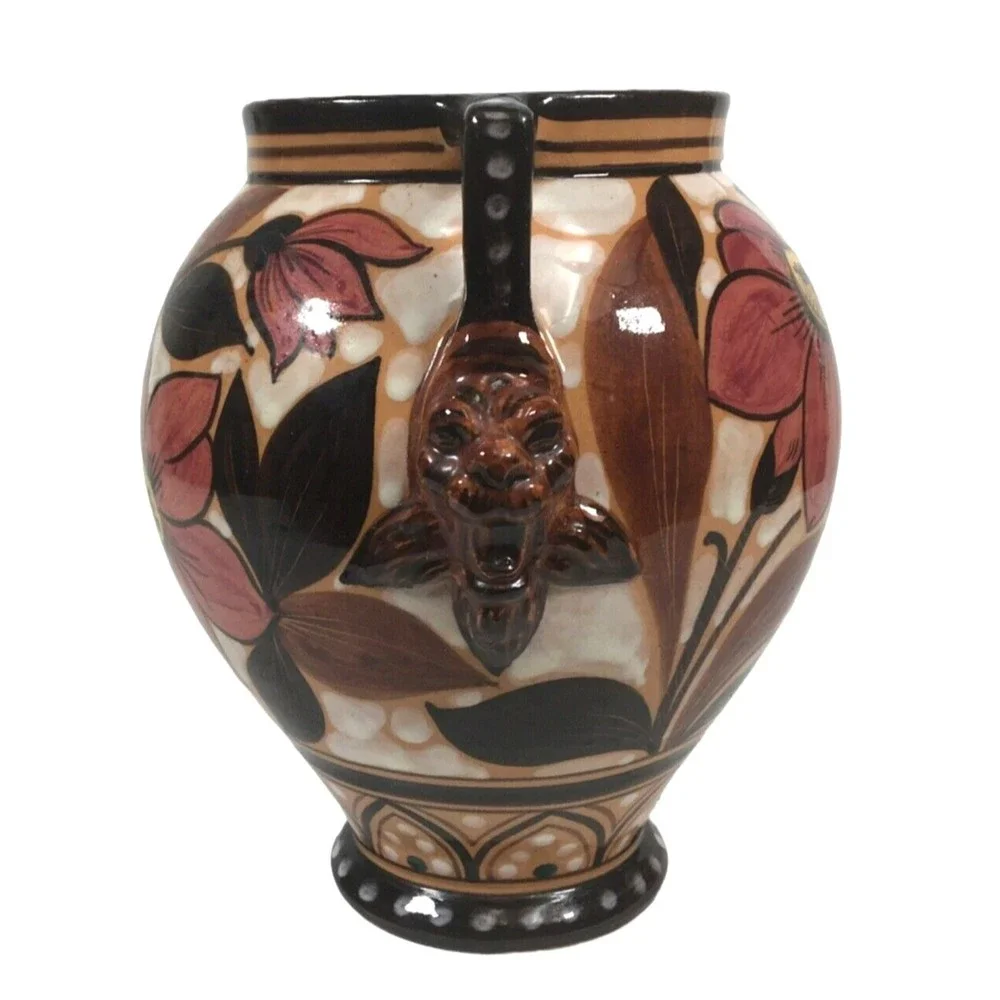Lion Head Italian Vase Ceramic Glazed Double Handle Floral 7.5” Italy Signed